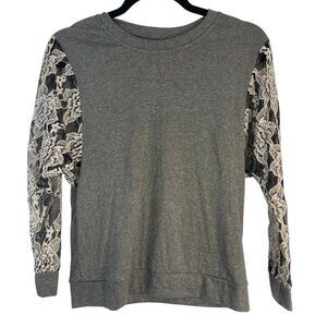 long sleeve shirt lace gray white crew neck no size tag small length 22"  READ